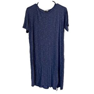 Mod Ref Blue White Stripe T Shirt Dress Side Slit Casual Midi Pullover Relaxed S